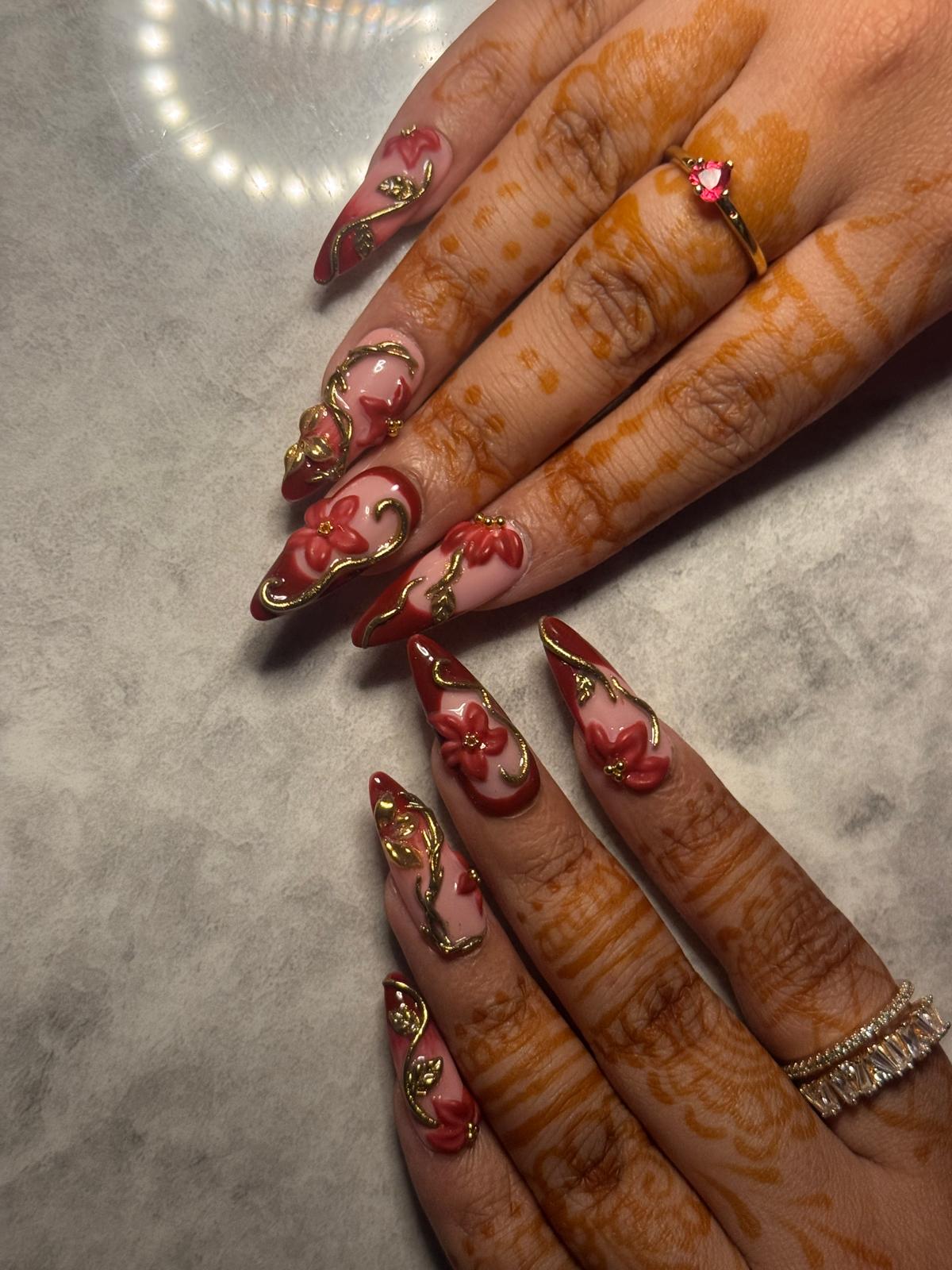3D red floral vine nails